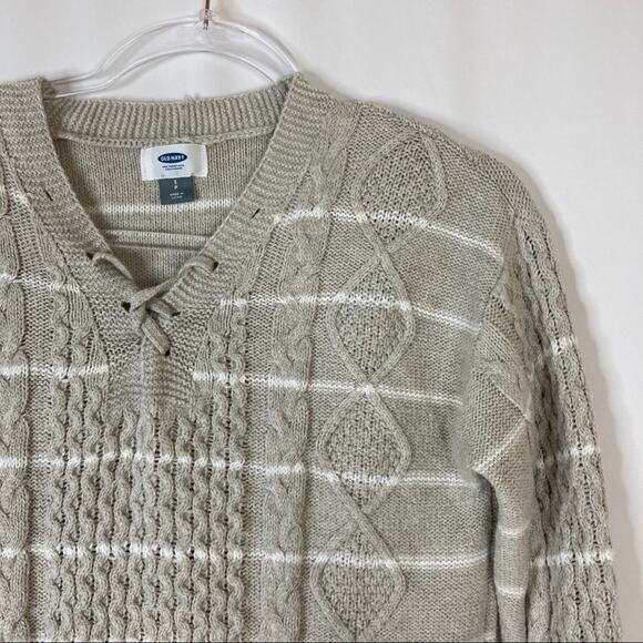 3/$30 Old Navy | Tan White Stripe Lace Up Sweater S - Picture 3 of 7
